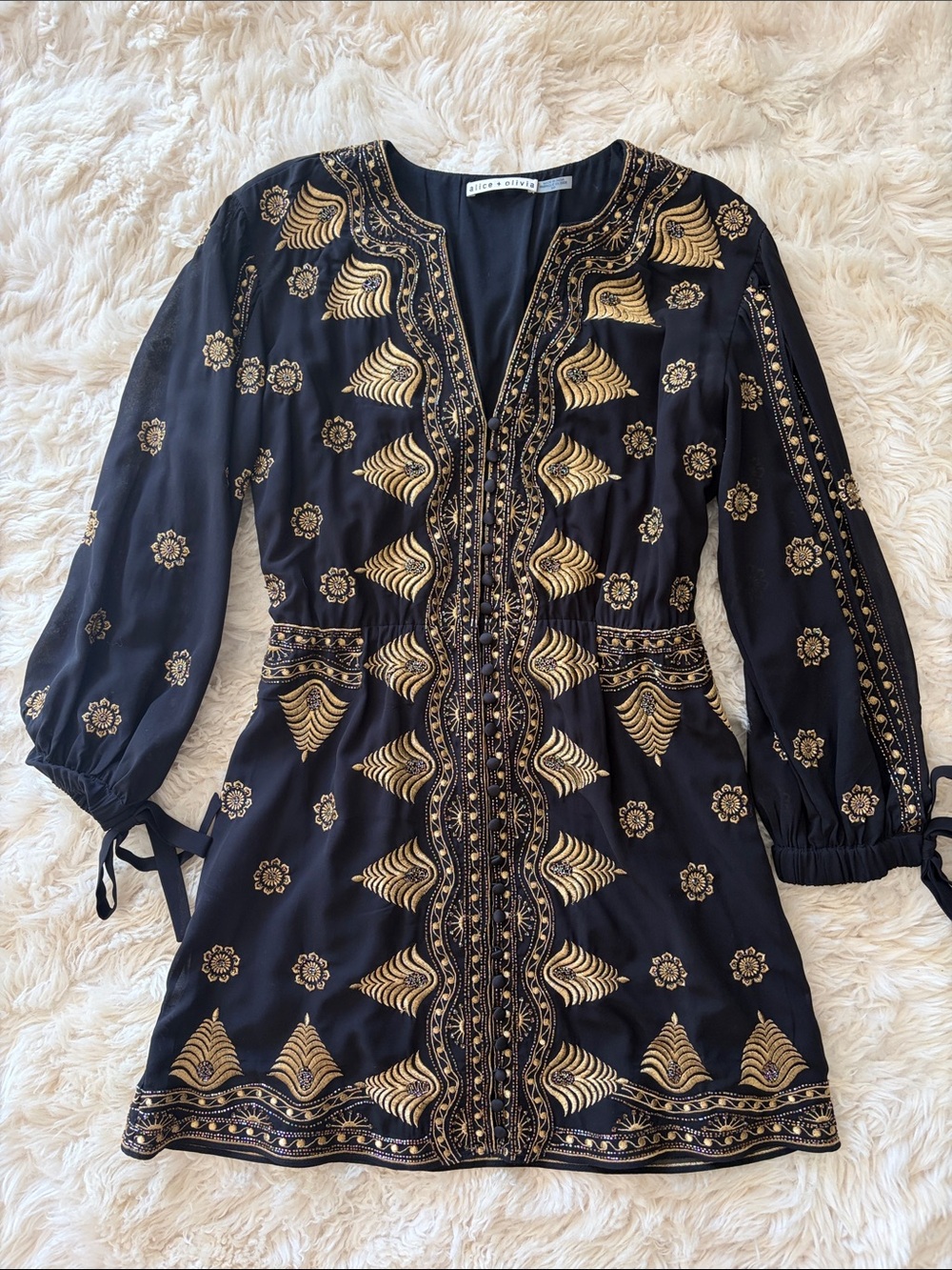 Alice + Olivia Zia Black Dress with Gold Embroidered Motifs